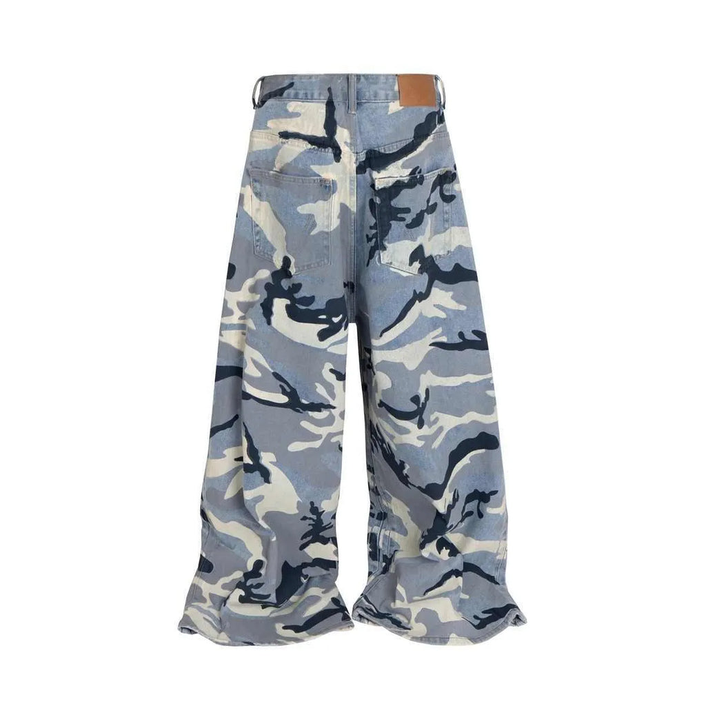 Snow camouflage blue loose fit jeans with mid waist on a hanger