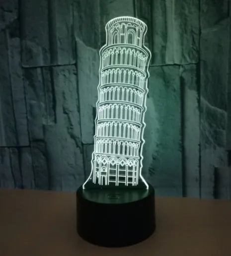 3D Leaning Tower of Pisa LED nightlight with colour-changing lights on a black square base.