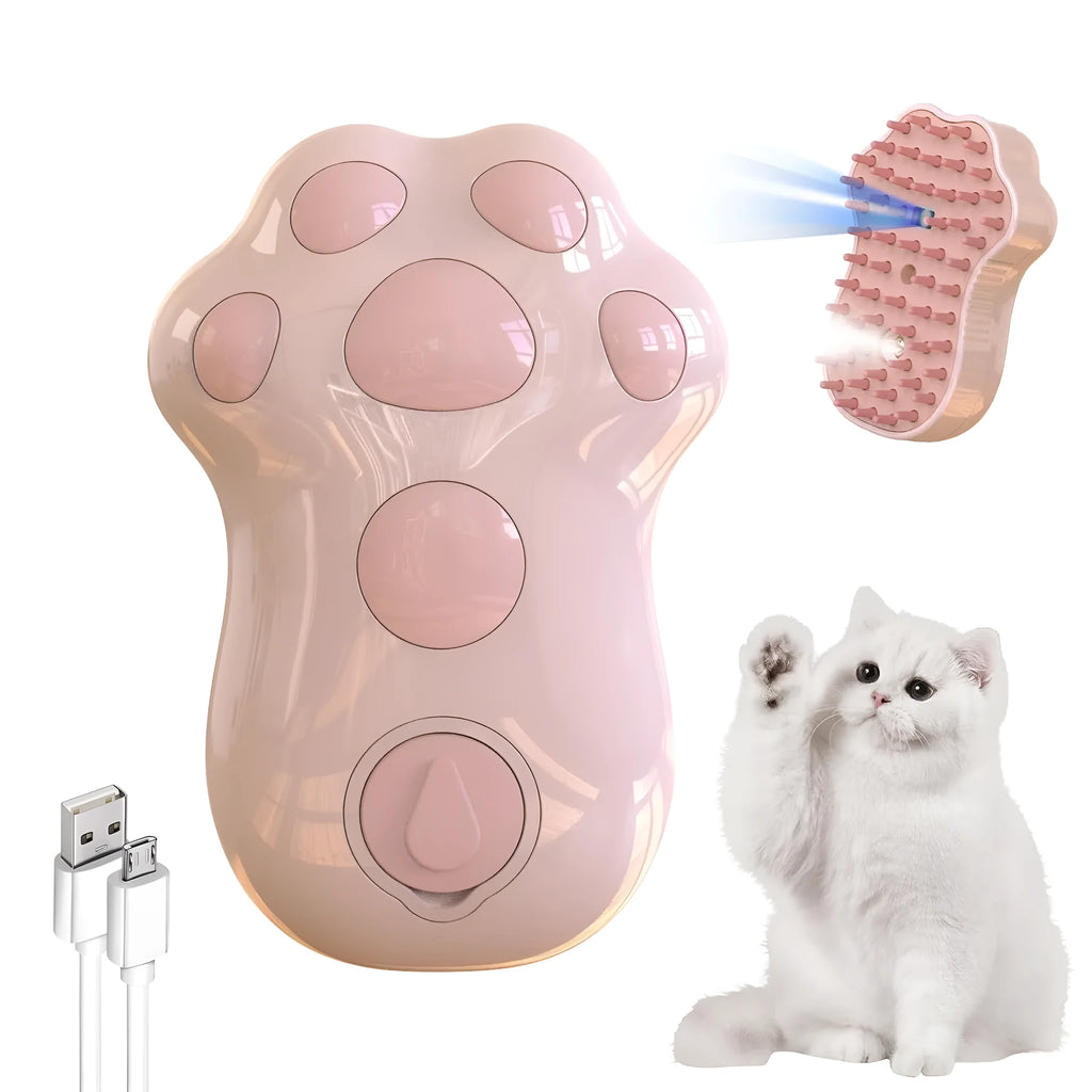 Self-cleaning cat steam brush with blue light and silicone bristles for pet grooming