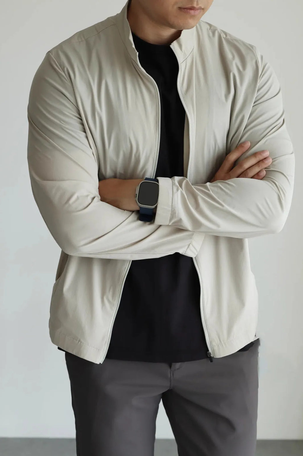 Small stand collar thin polyester fiber jacket loose fit for teenagers in neutral colours