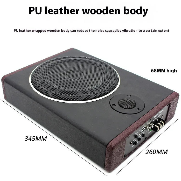 High-power 12V 8-inch car audio ultra-thin subwoofer with wooden enclosure and PU leather exterior
