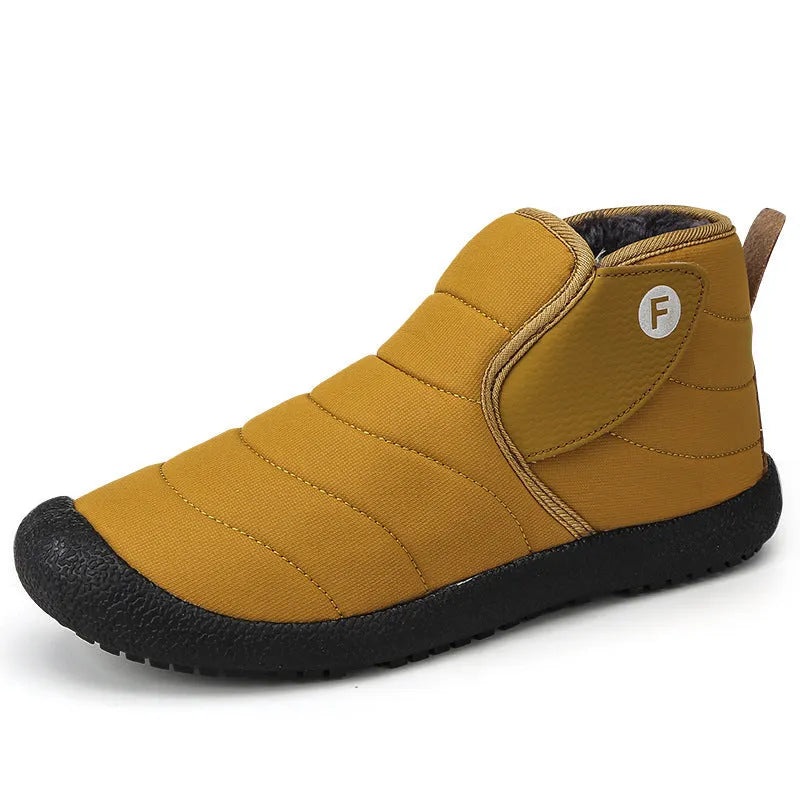 Unisex waterproof cotton snow boots with non-slip soles in black, blue, green, and yellow.