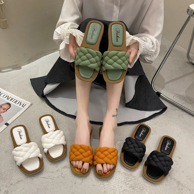 Women's plaid pattern beach sandals with thick PVC sole in white, green, black, or orange.