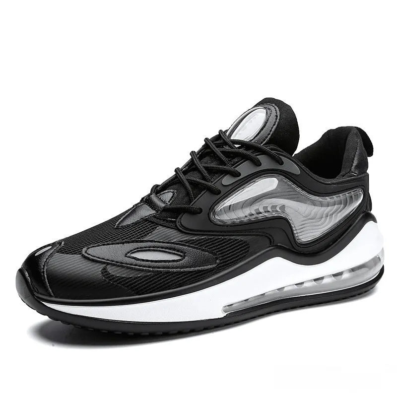 Men's black and white casual sneakers with air cushion sole for height increase.