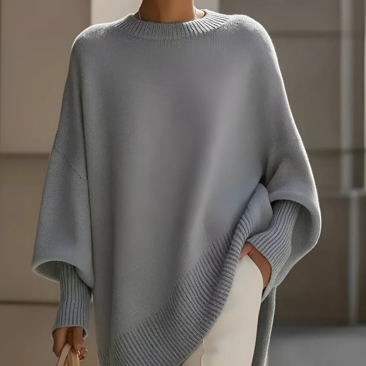 Thick round neck loose knitted pullover sweater for women in macaron colours light gray dark green brown pink