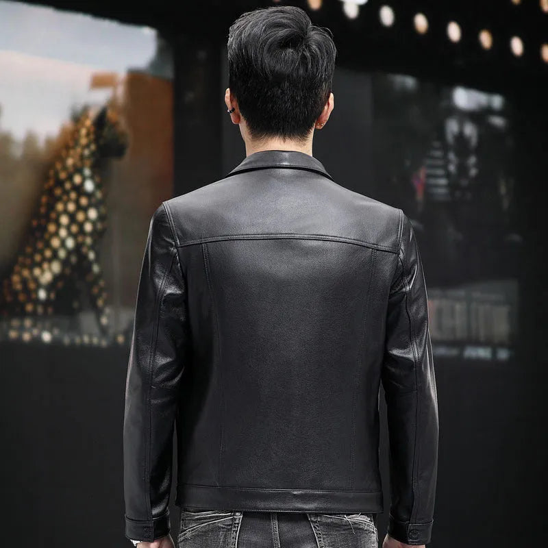 Men's black cowhide leather jacket with polo collar, sizes L to 5XL, daily wear