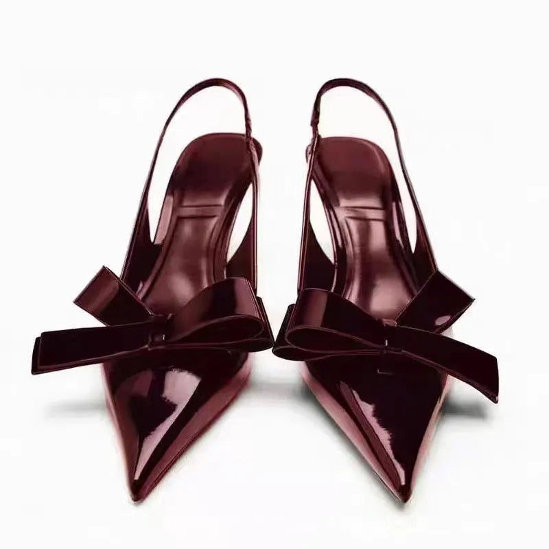 Patent leather women's high heels wine red bow open-back pointed toe rear lacing