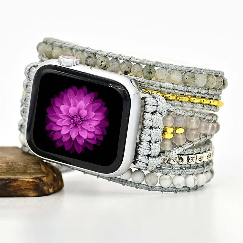 Natural stone beaded crystal watch band in bohemian style with three size options for 5.5 to 8.1 inch wrists