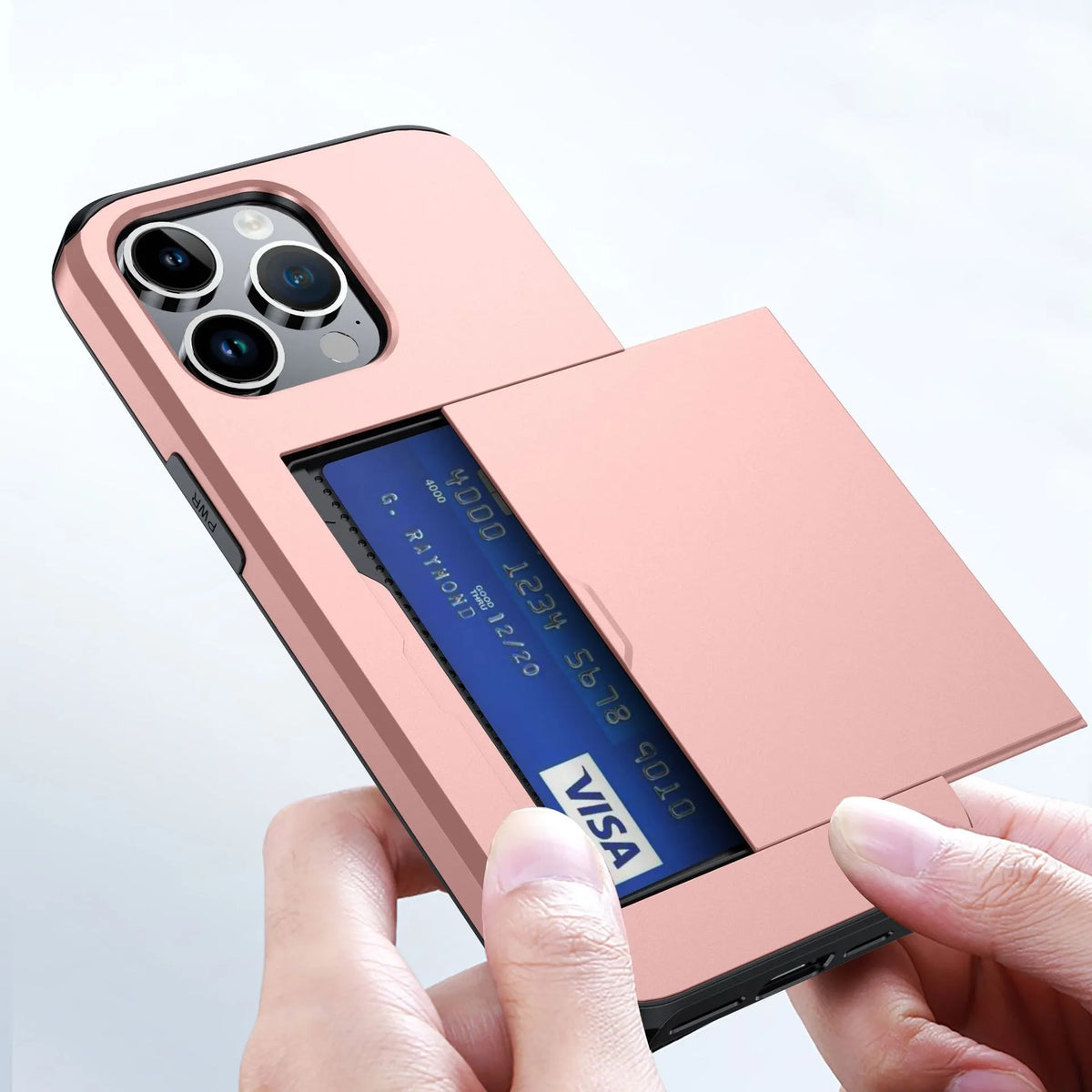 iPhone 15 Pro Max phone case with slide card slot, frosted TPU PC anti-fall cover in black