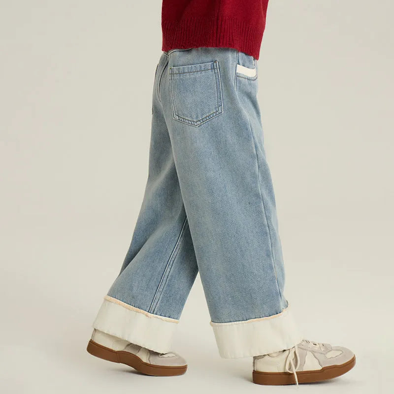 Boys and girls cotton casual straight blue jeans, suitable for heights 90cm to 160cm