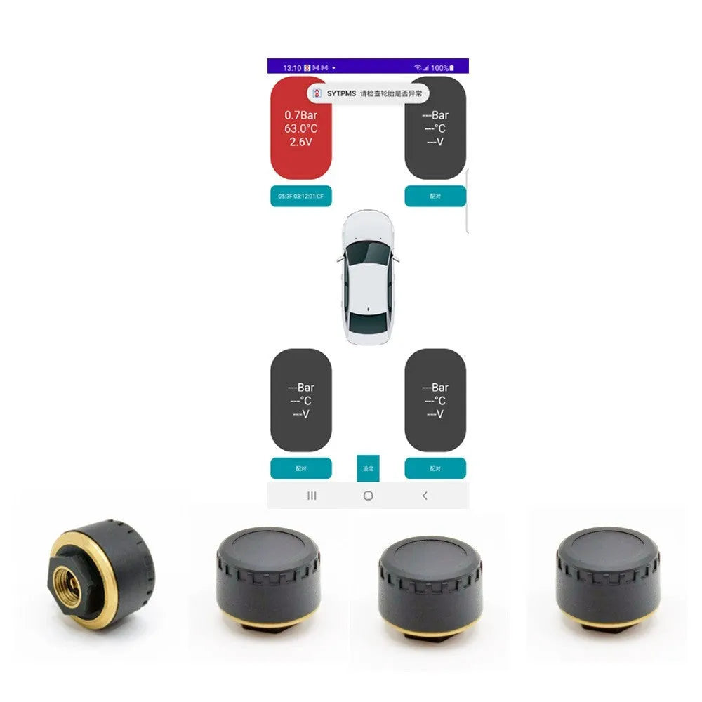 Bluetooth tyre pressure monitoring system with four waterproof sensors for mobile phone display