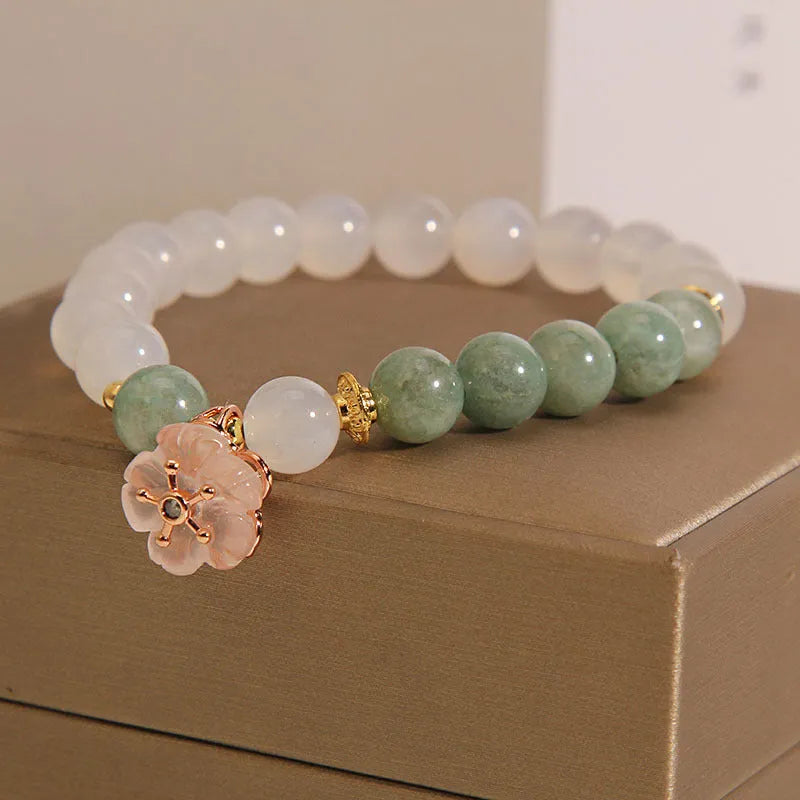 White agate jadeite jade flower pink floral bracelet with natural jade flower-shaped components