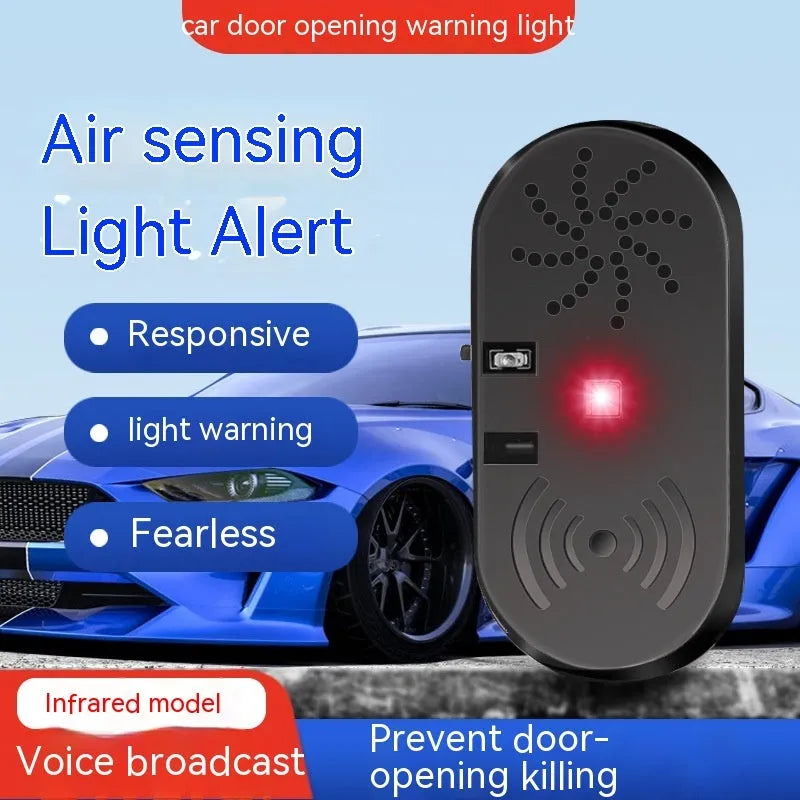 Black ABS plastic car door reminder alarm with infrared sensor and micro USB port.