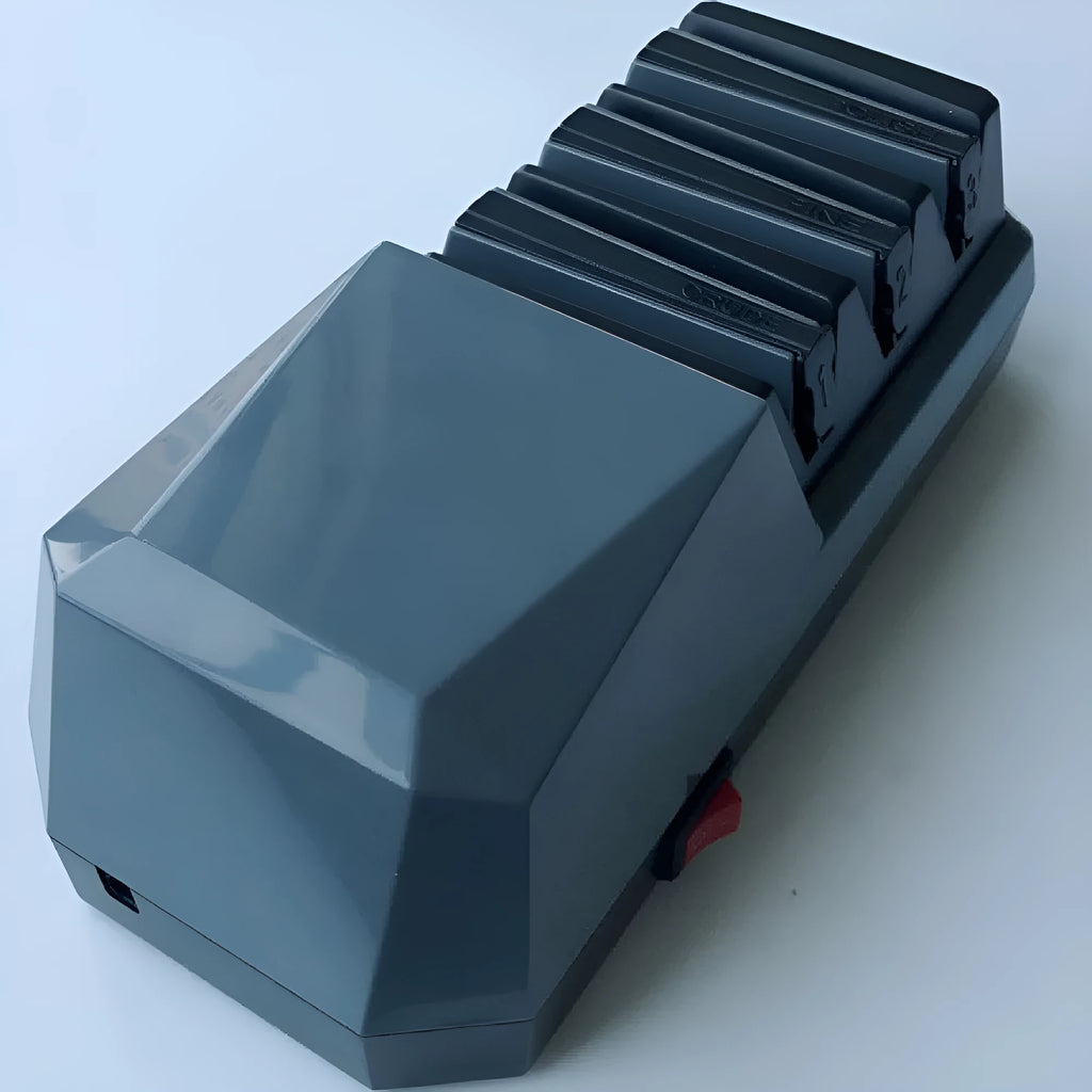 Gray multifunctional electric knife sharpener with diamond wheel and ceramic rod, 18W, 250 x 99 x 88mm