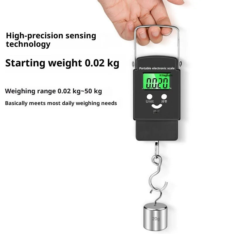 Mini handheld electronic scale with 50kg capacity and blue backlight option for luggage and shopping