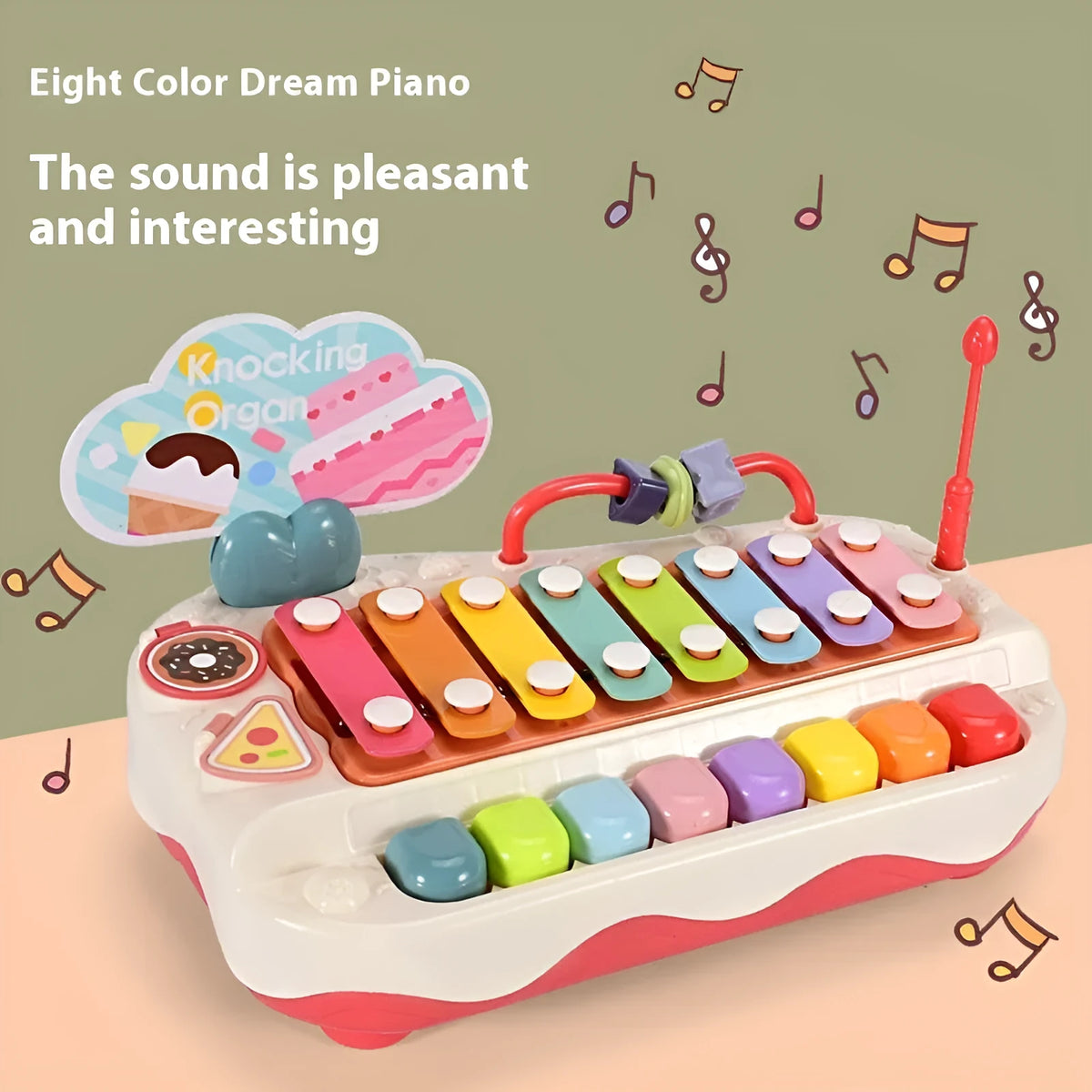 Educational eight-tone toy piano baby xylophone in coral red plastic with keys and mallets for infants