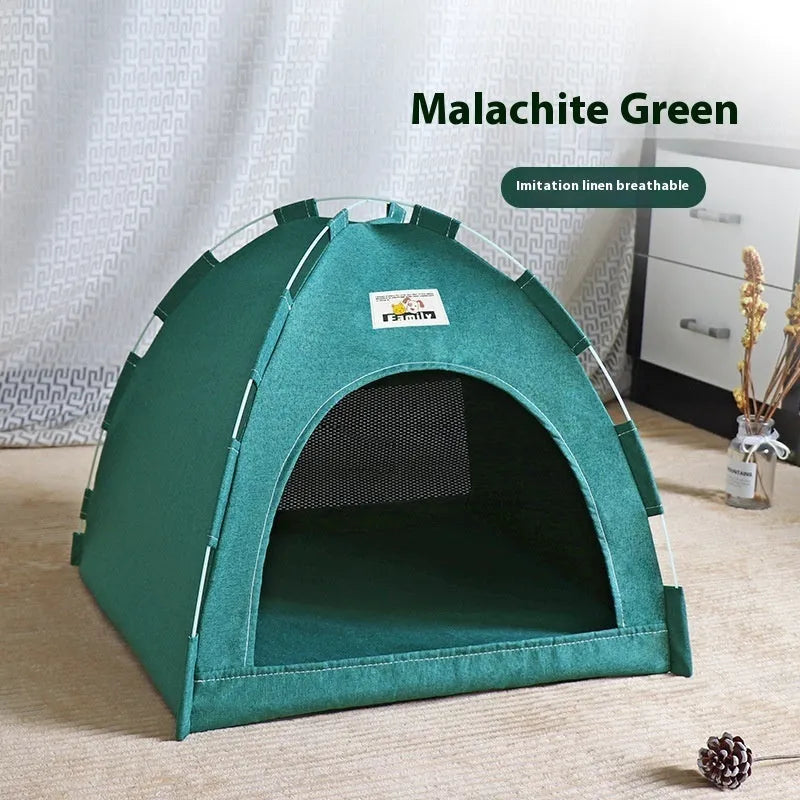 Washable pet tent bed for small dogs and cats in linen-like fabric, shown in grey colour.
