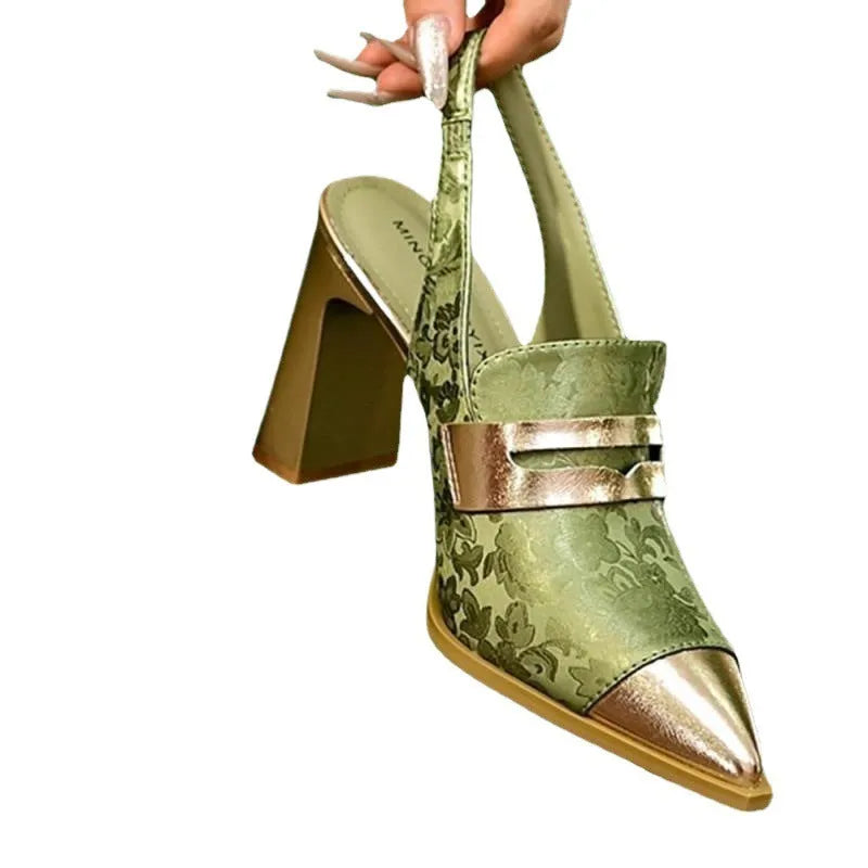 Women's black high-heel sandals with chunky heel, pointed toe, and elastic strap fastening