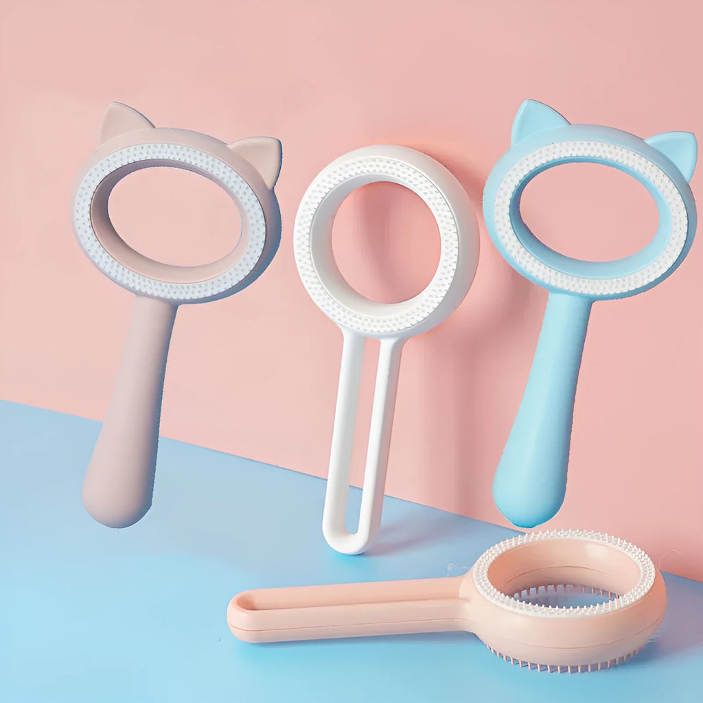 Double-sided pet hair removal brush in blue with ABS and TPR material, round shape on white background.
