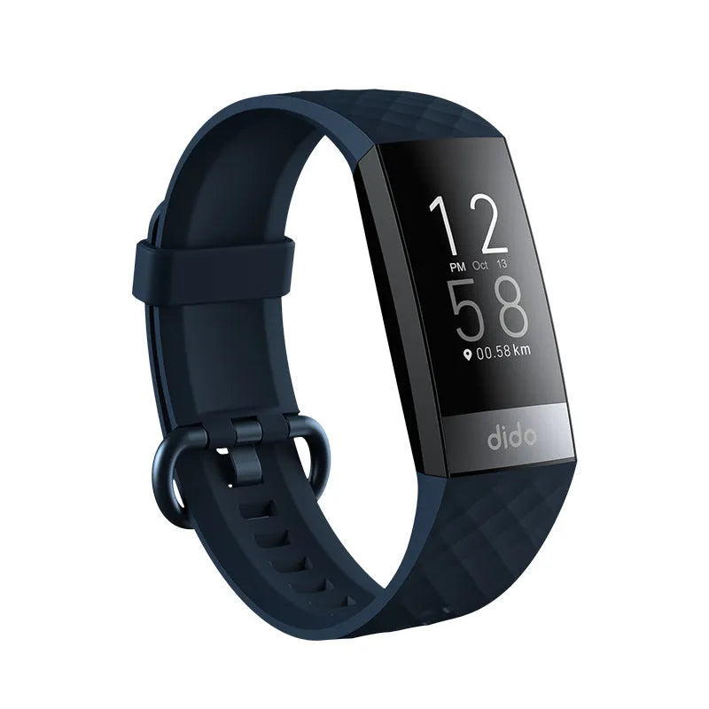 Y6 Black smart health bracelet with 1.1-inch screen on a wrist, showing blood pressure and heart rate data display.