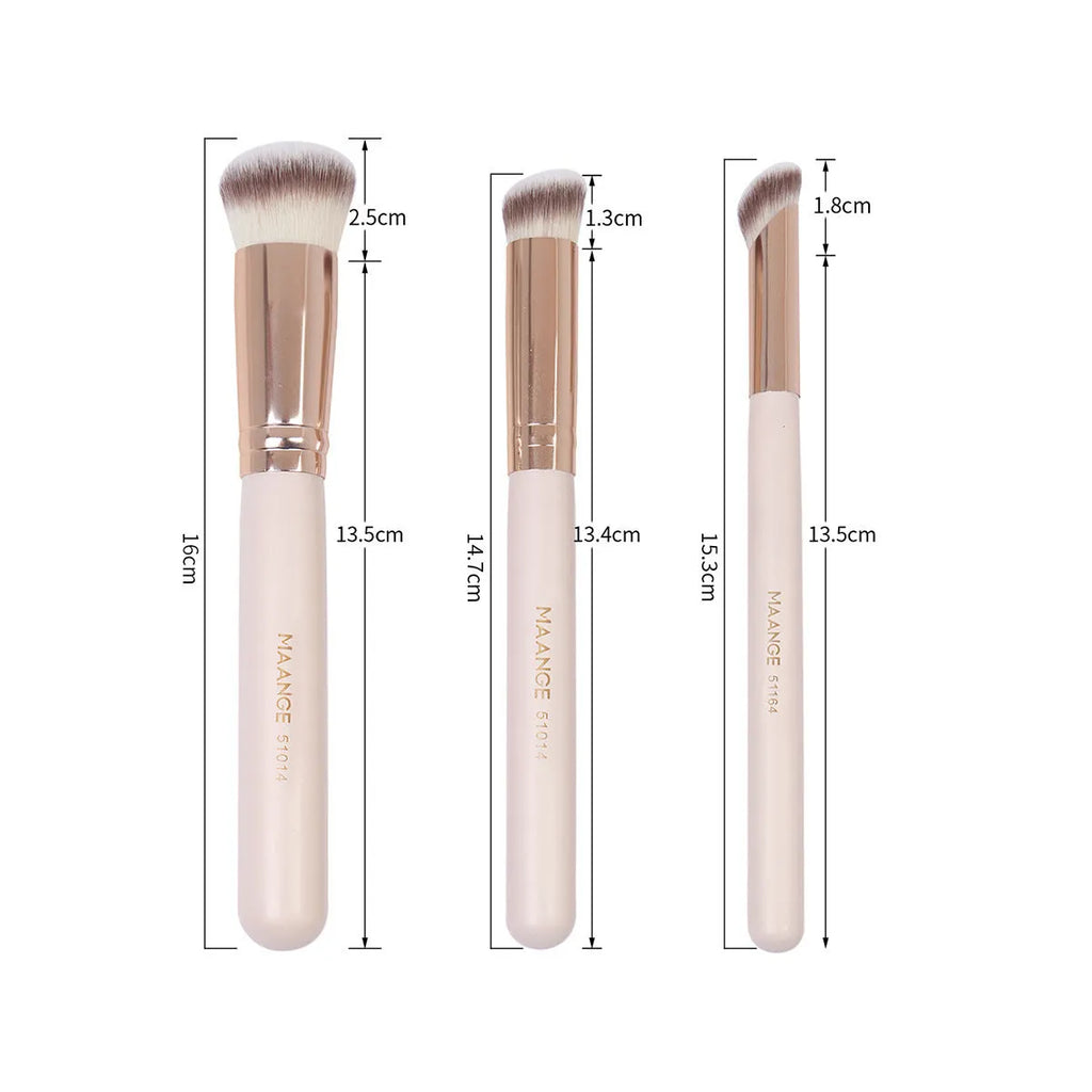3-piece wooden makeup brush set with triangle powder puff in apricot, black, black gold, and black silver colours
