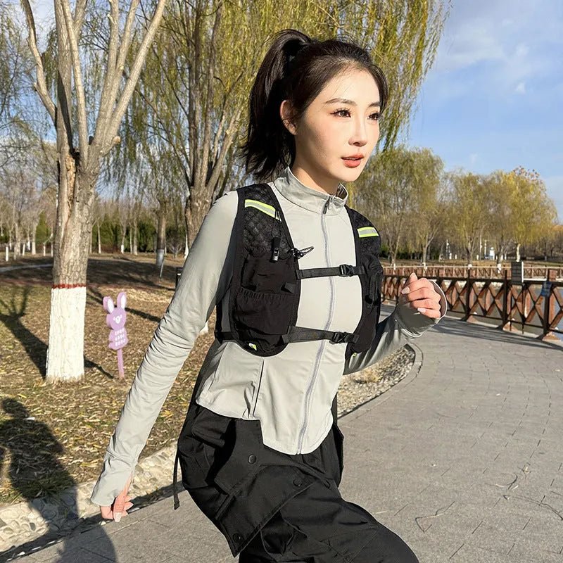 Multi-functional sports vest backpack for women in black with 5L nylon construction
