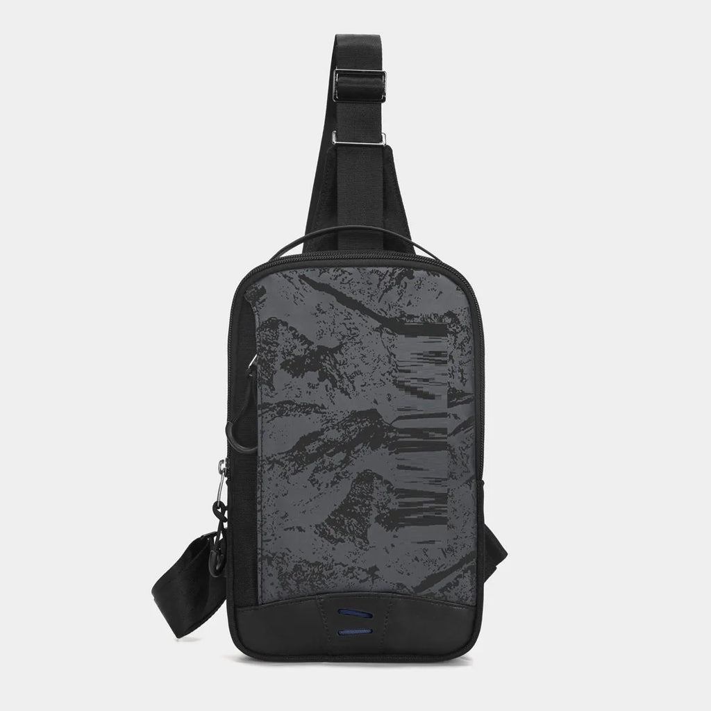 Casual black TPU camouflage print chest bag with adjustable strap, shown in a square vertical shape.