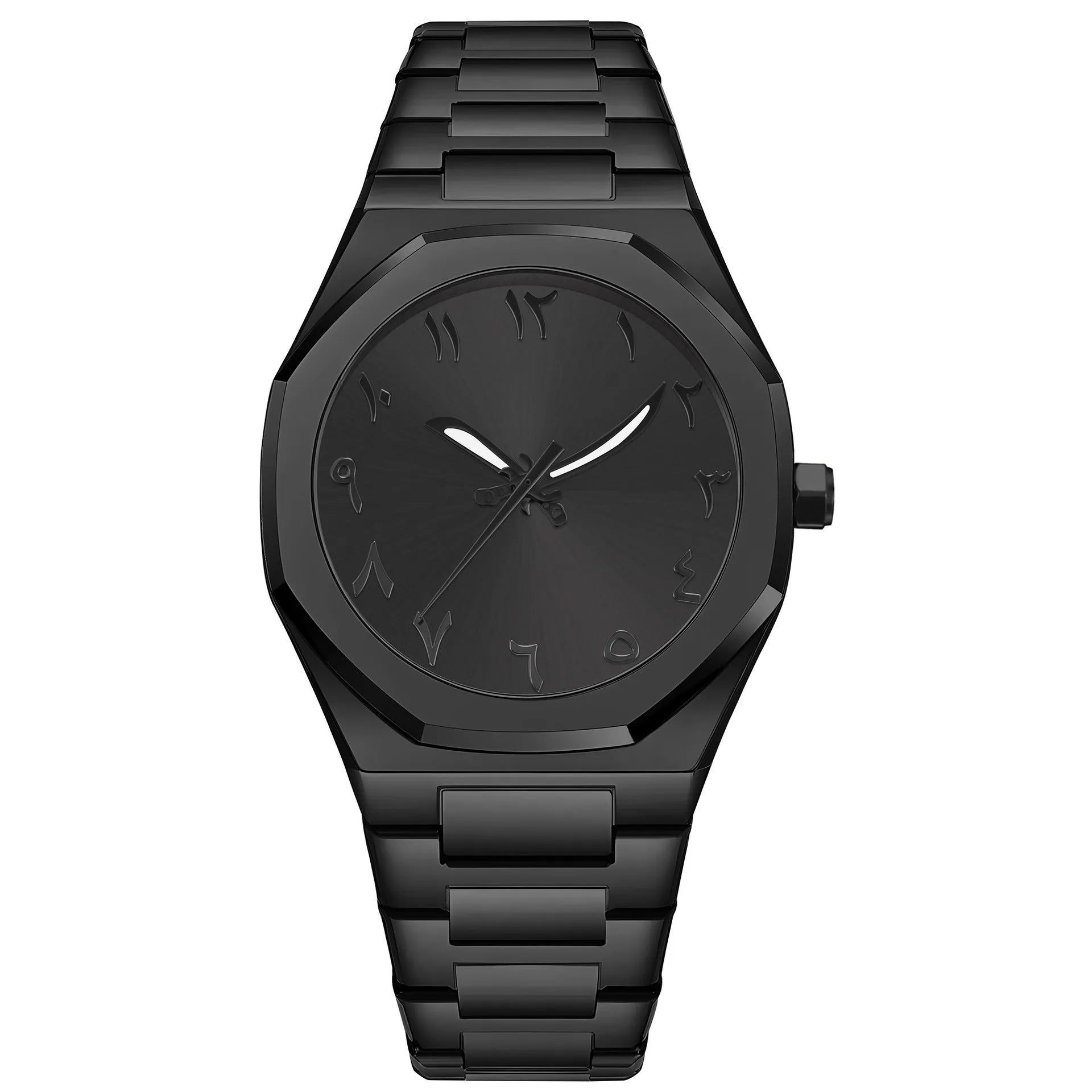 Men's business casual watch with steel bracelet showing black dial and silver scales