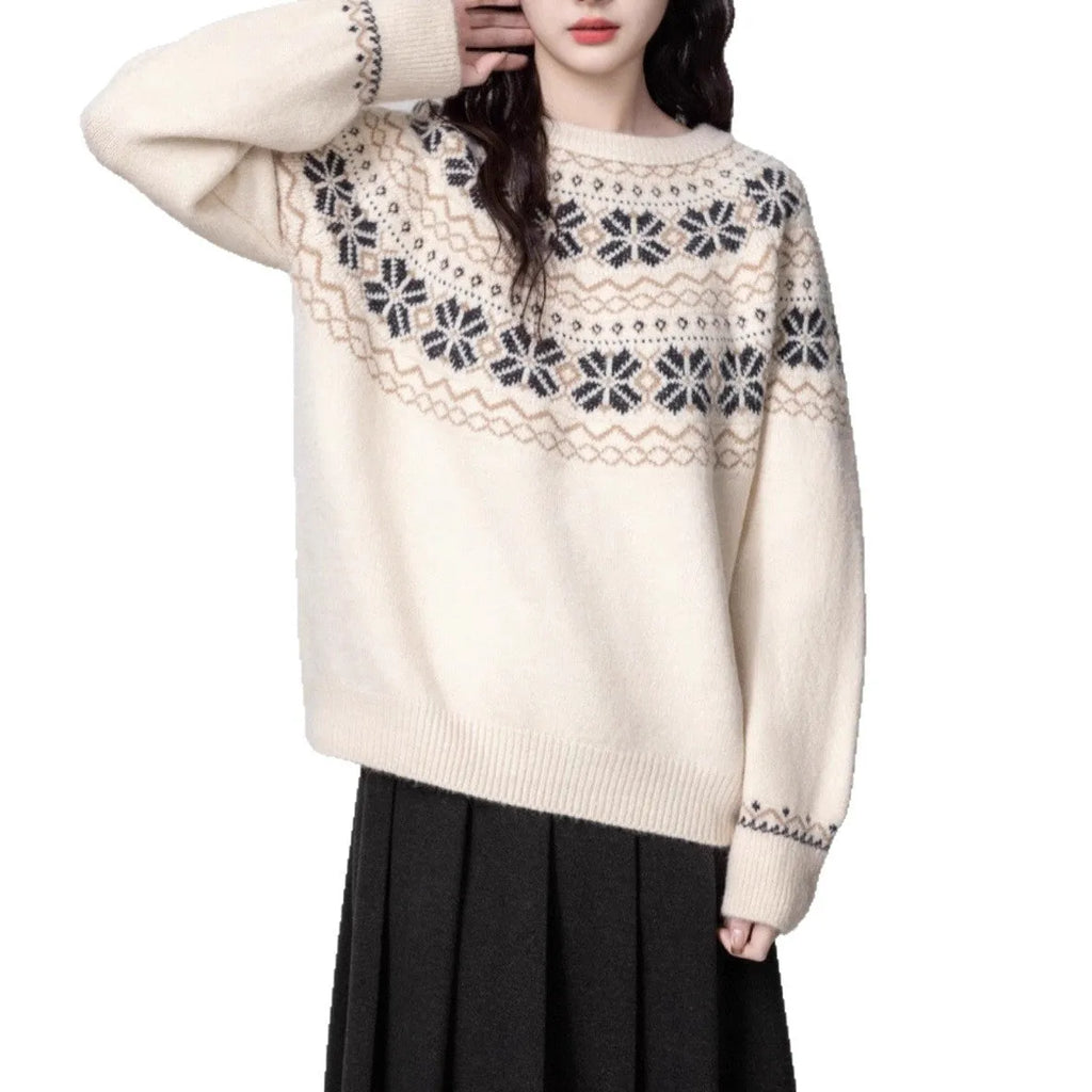 Women's loose-fit Milky White Fair Isle knitted pullover sweater on a hanger, showing geometric pattern and thick lambswool blend fabric.