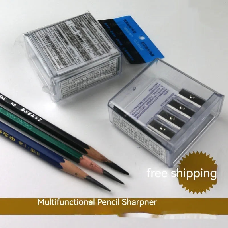 Geometric-shaped plastic pencil sharpener with four sharpening holes and an integrated screwdriver.