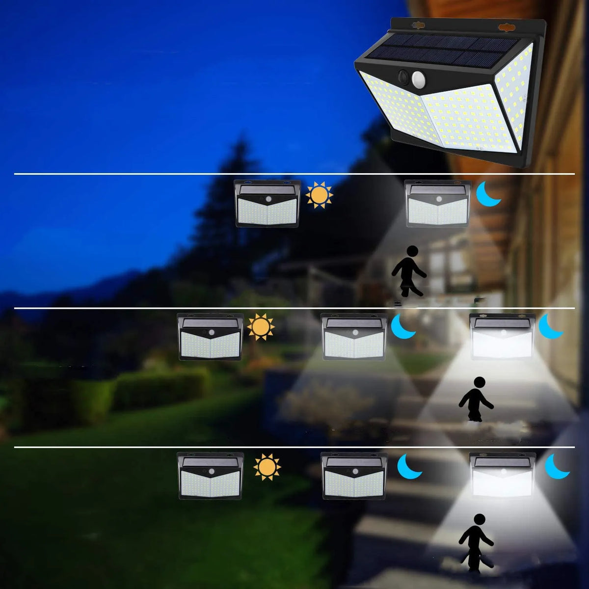 Solar wall lamp with 208 LEDs, motion sensor, and IP65 waterproof rating for garden and yard use.