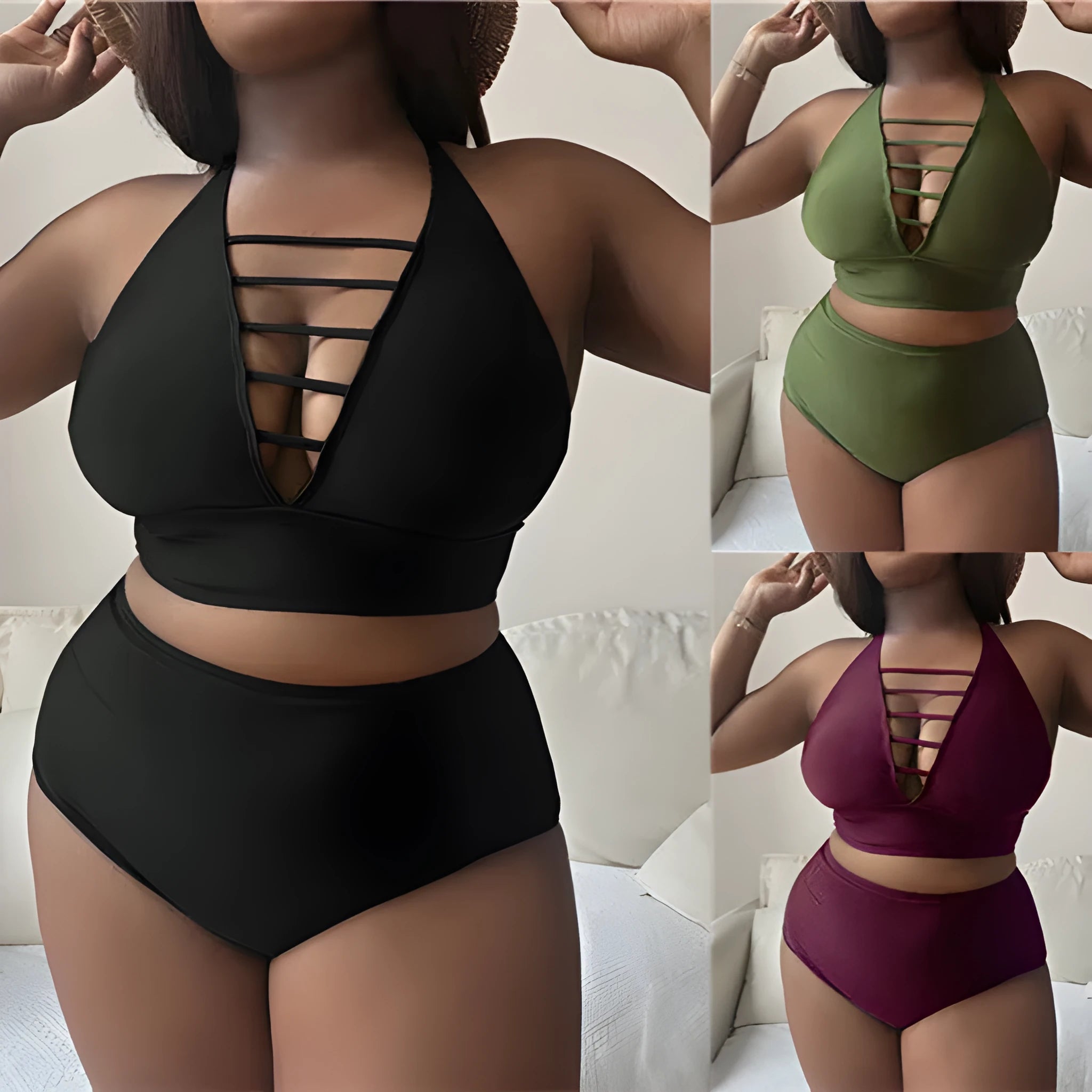 Plus size woman modelling a black halter bikini with adjustable cross straps and high-waisted briefs.