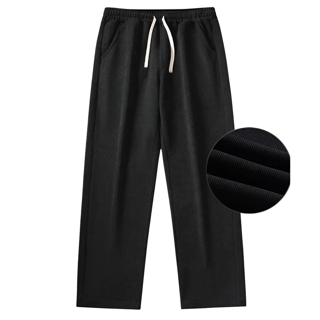Retro corduroy men's casual striped trousers in black, mid-waist, polyester fabric