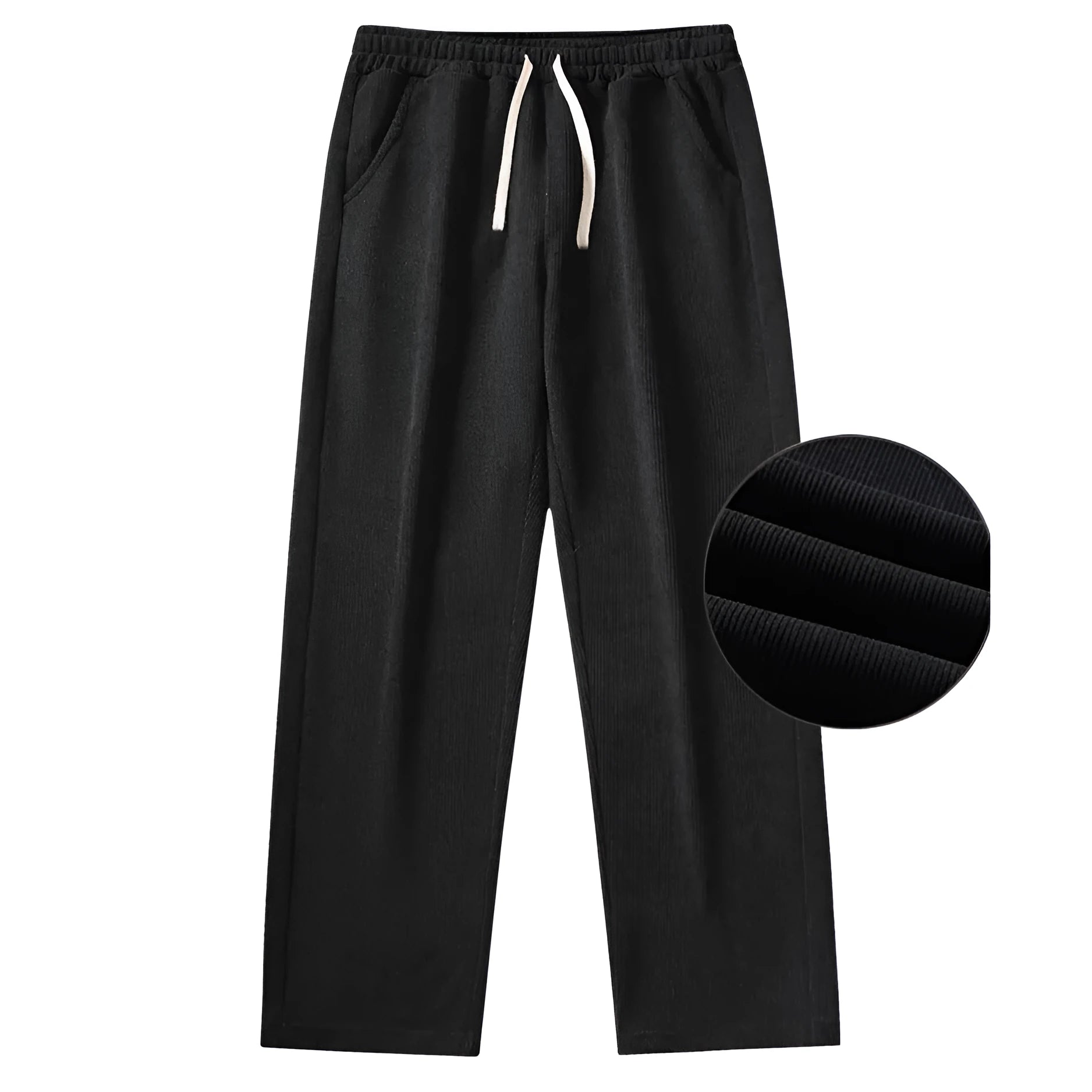 Retro corduroy men's casual striped trousers in black, mid-waist, polyester fabric