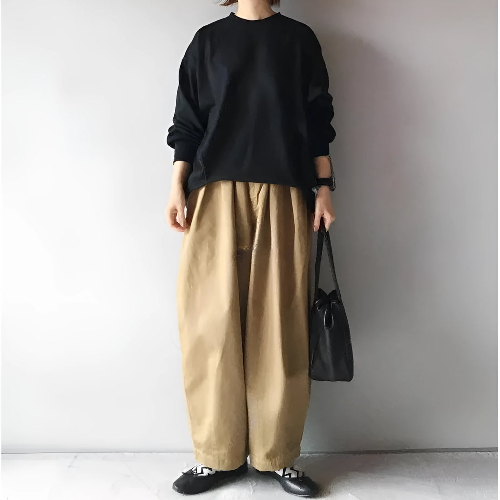 Women's lantern sleeve loose round neck sweater and wide leg cropped pants two-piece set in picture colour