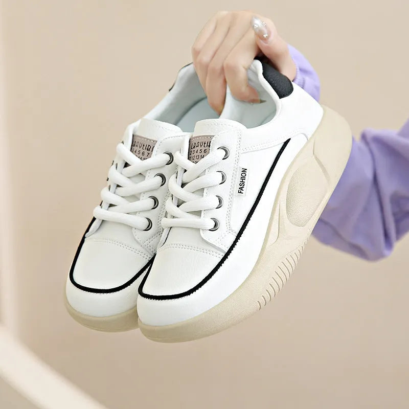 White women's artificial PU casual shoes with mid heel and lace-up design