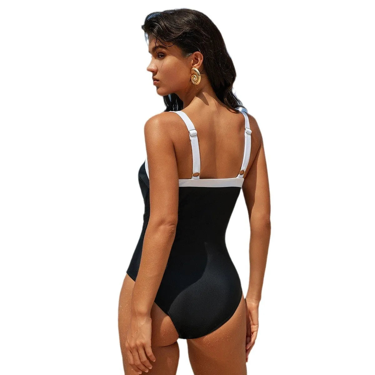 Women's nylon one-piece swimsuit in black and white colourway, sleeveless design