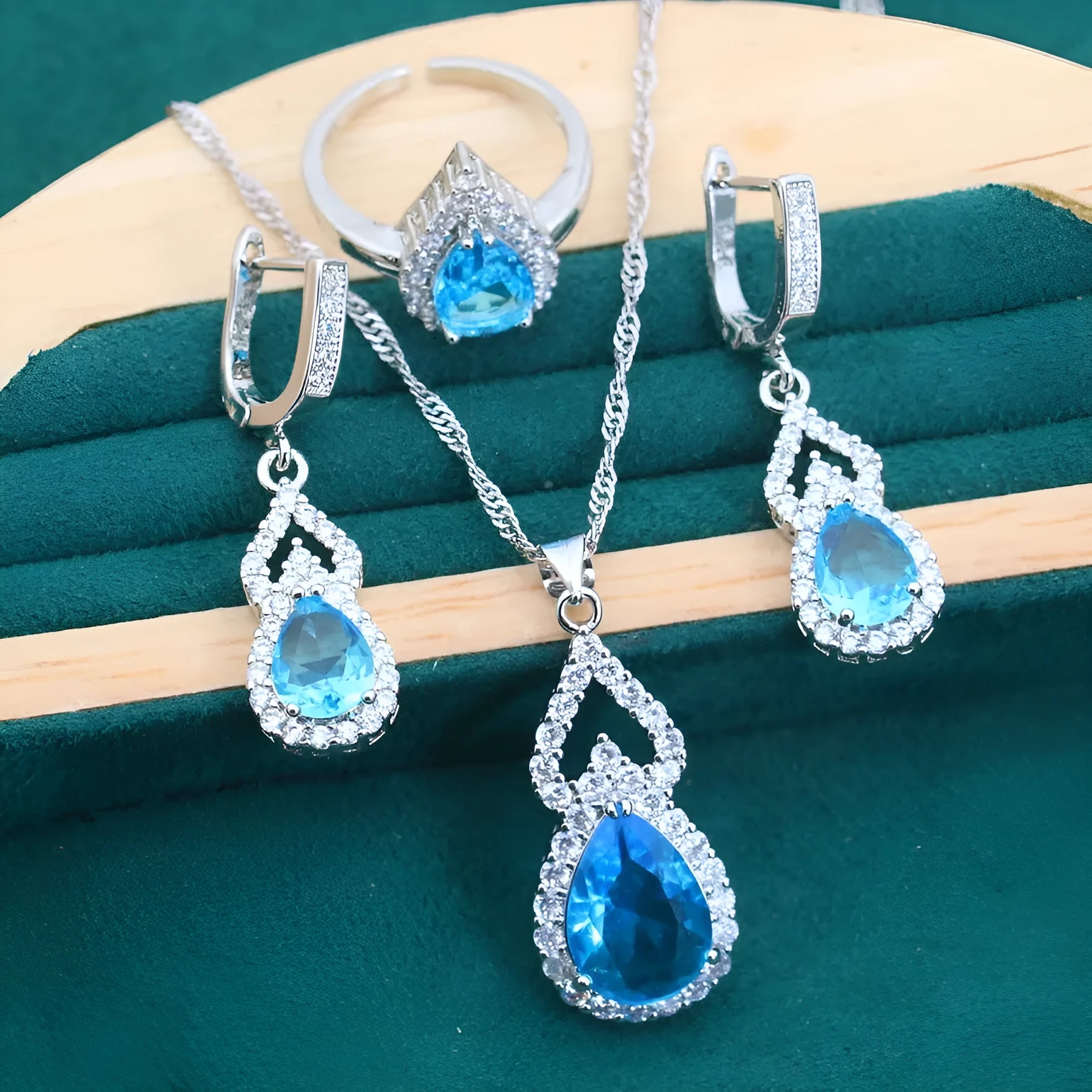 Copper inlaid zircon water drop jewellery set with earring ring necklace in electroplated finish