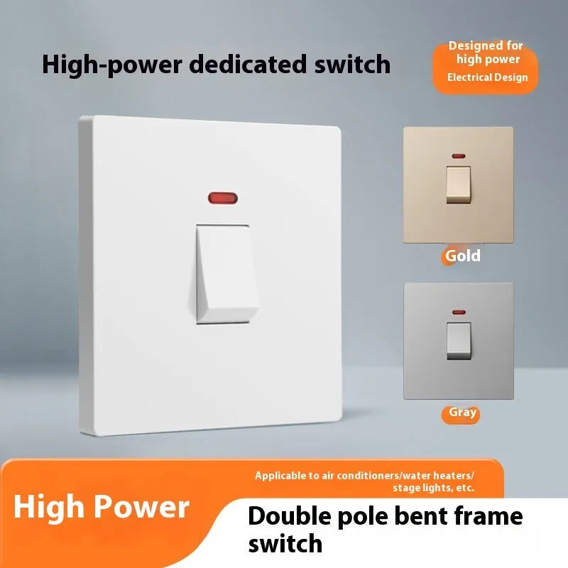 Gold coloured high current electrical switch with illuminated panel for water heater and air conditioner.