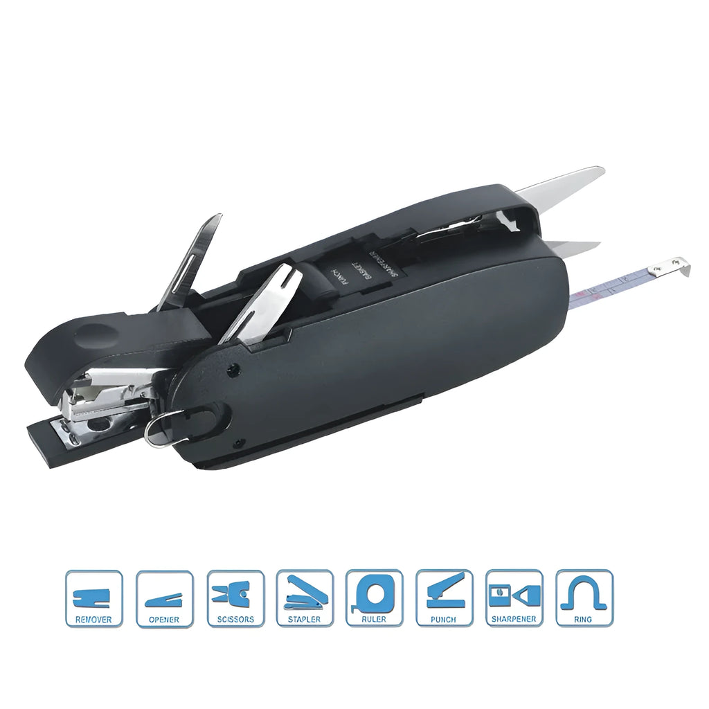 KOONSLED multifunctional mini stapler in black with built-in staple remover on desk