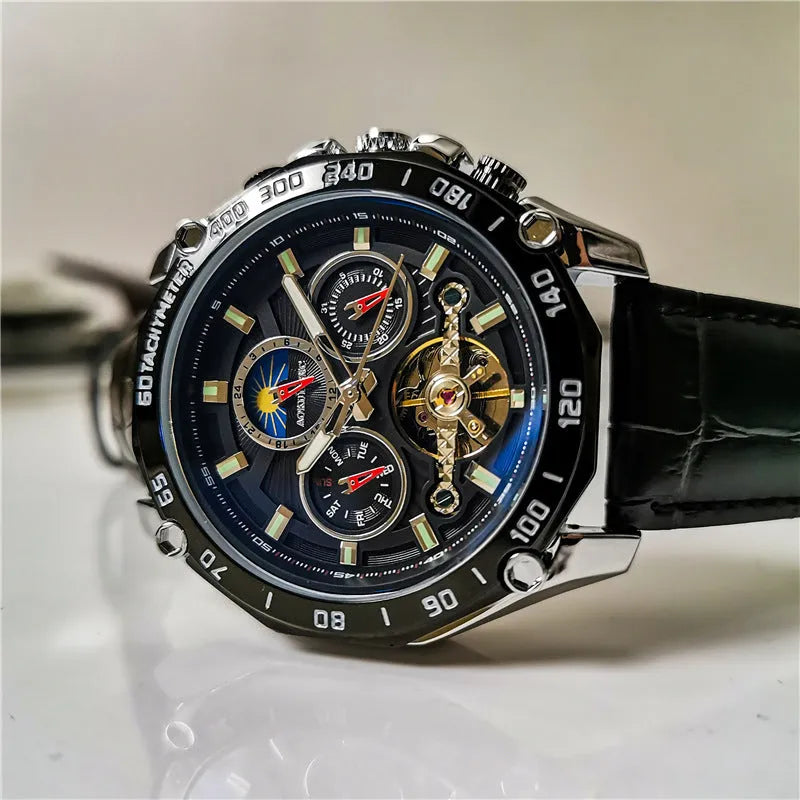 Men's automatic mechanical watch showing various colour options including black steel case and silver case with white dial.