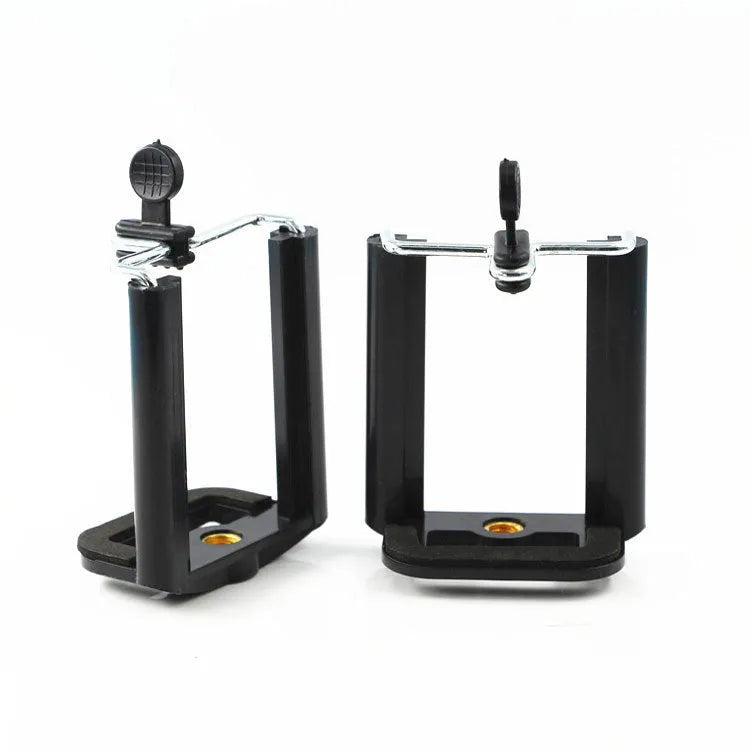 Black universal mobile phone clip holder with adjustable hose bracket on a white background.