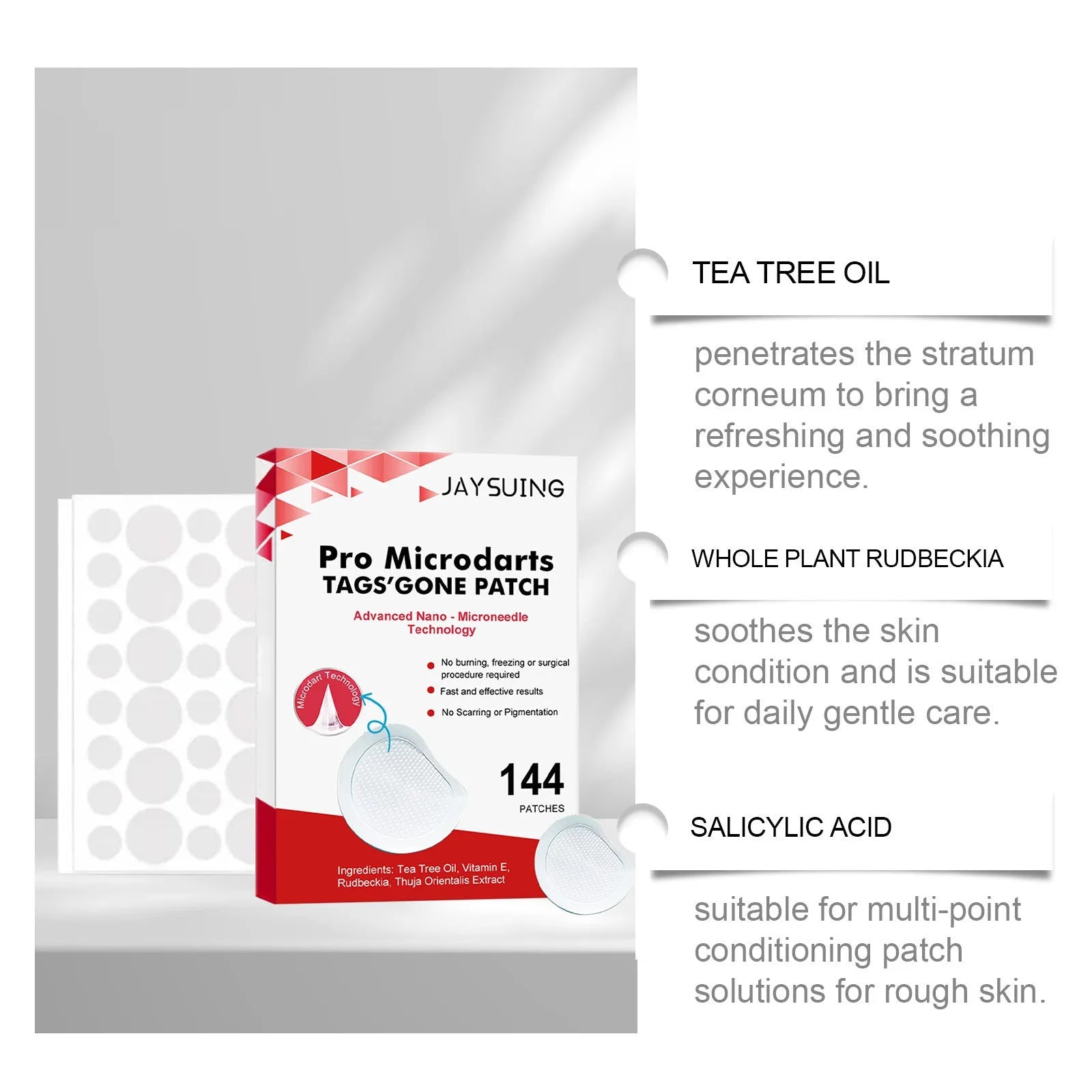 Micro needle wart removal care patch pack containing 144 patches with tea tree oil and vitamin E ingredients