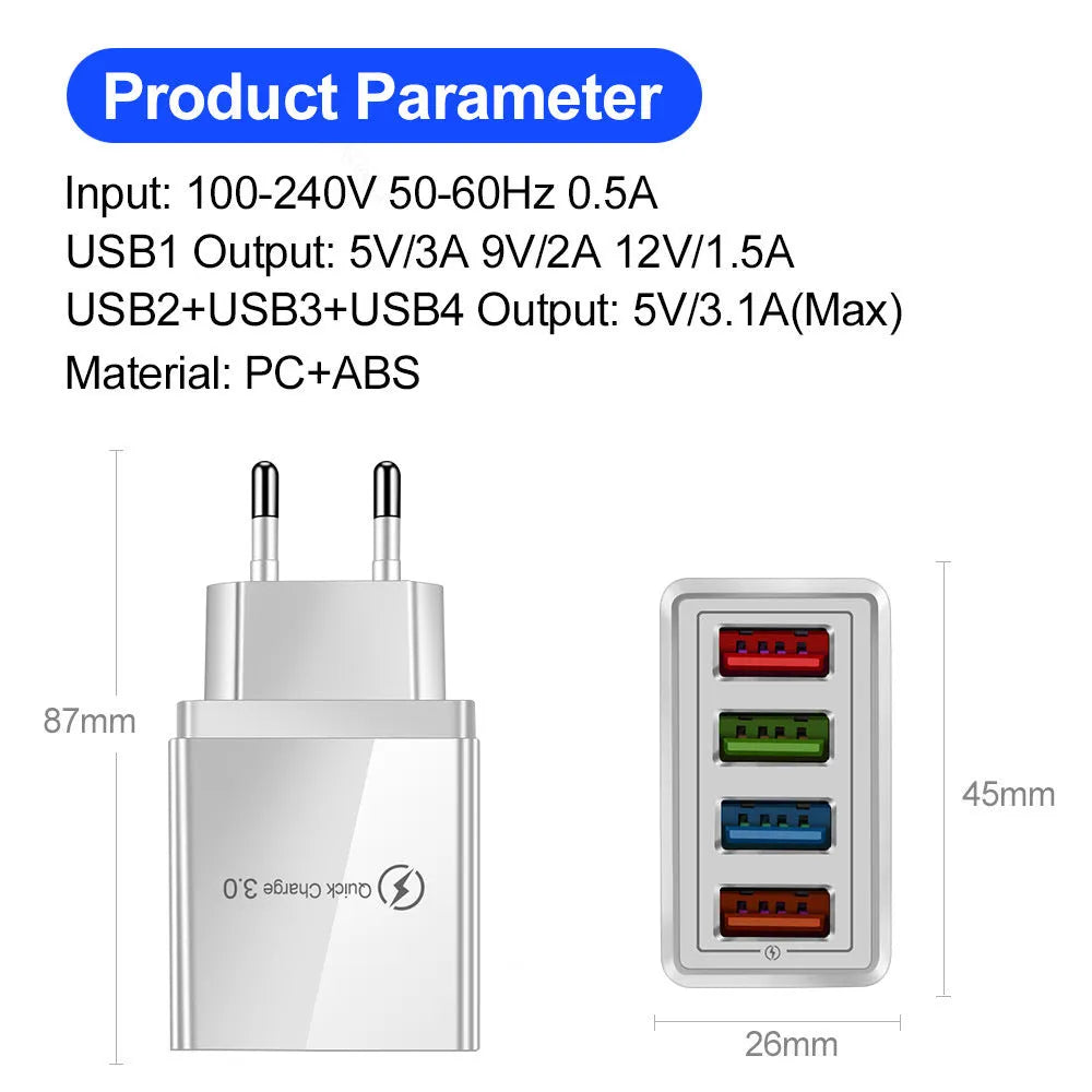 Four-port USB wall charger with international plug options in black, blue, red, orange, and grey colour variations