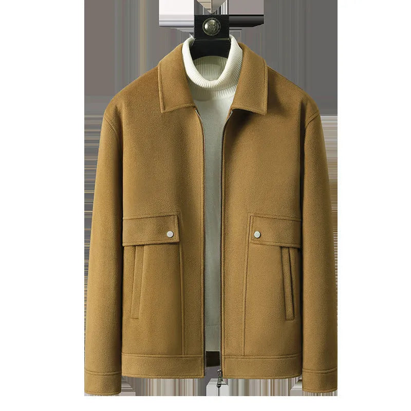 Men's knitted polo collar jacket in blue gray, camel or black, long sleeve polyester top, sizes M to 3XL