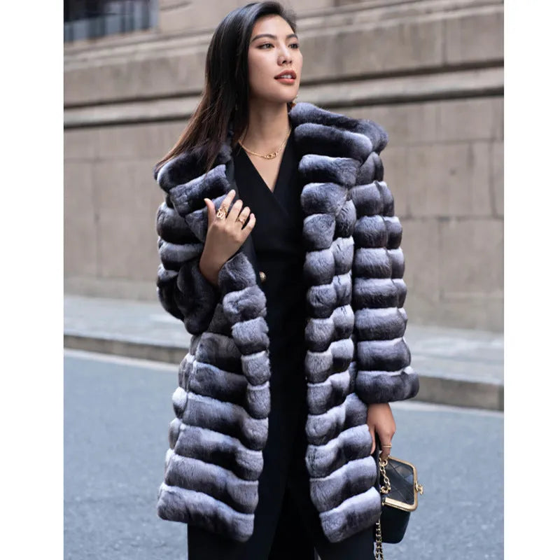 Women's zebra stripe pattern artificial mink fur overcoat with regular sleeves