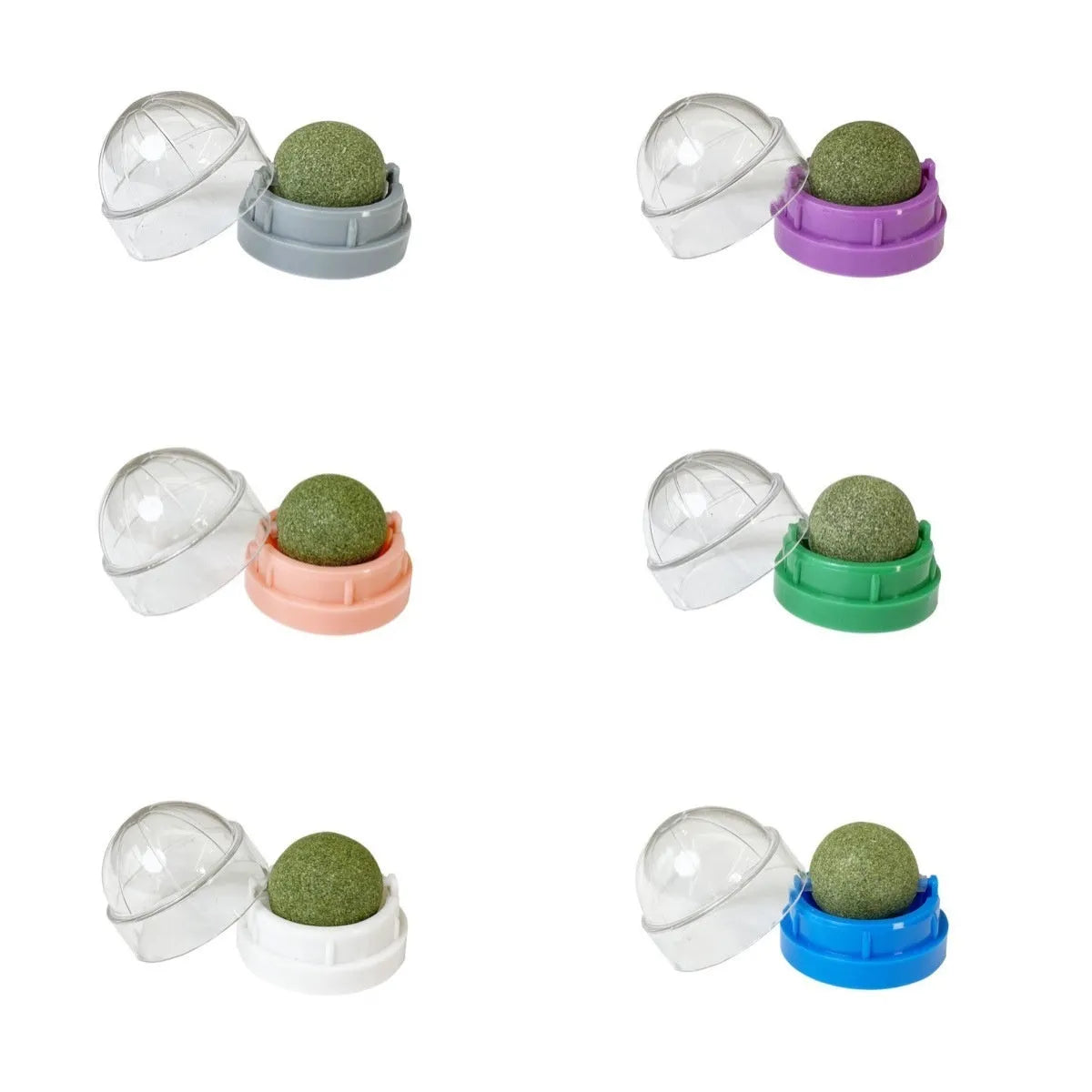 Plastic catnip ball toy for dental care in various colours with textured chewing surface