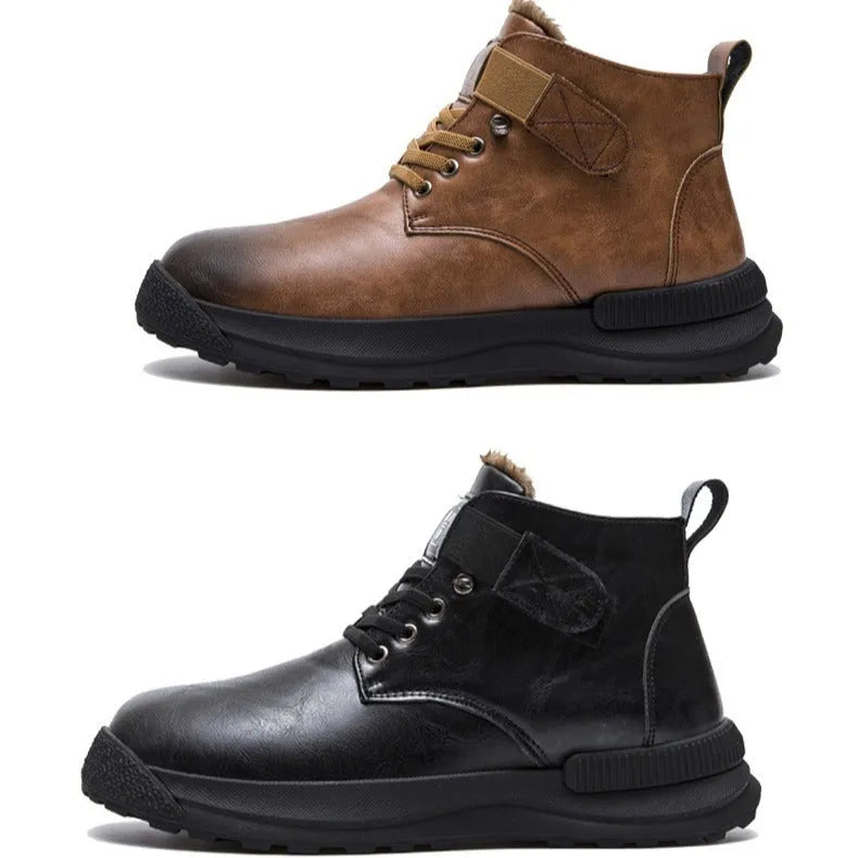Men's black high-top platform Martin boots with velvet uppers and rubber soles