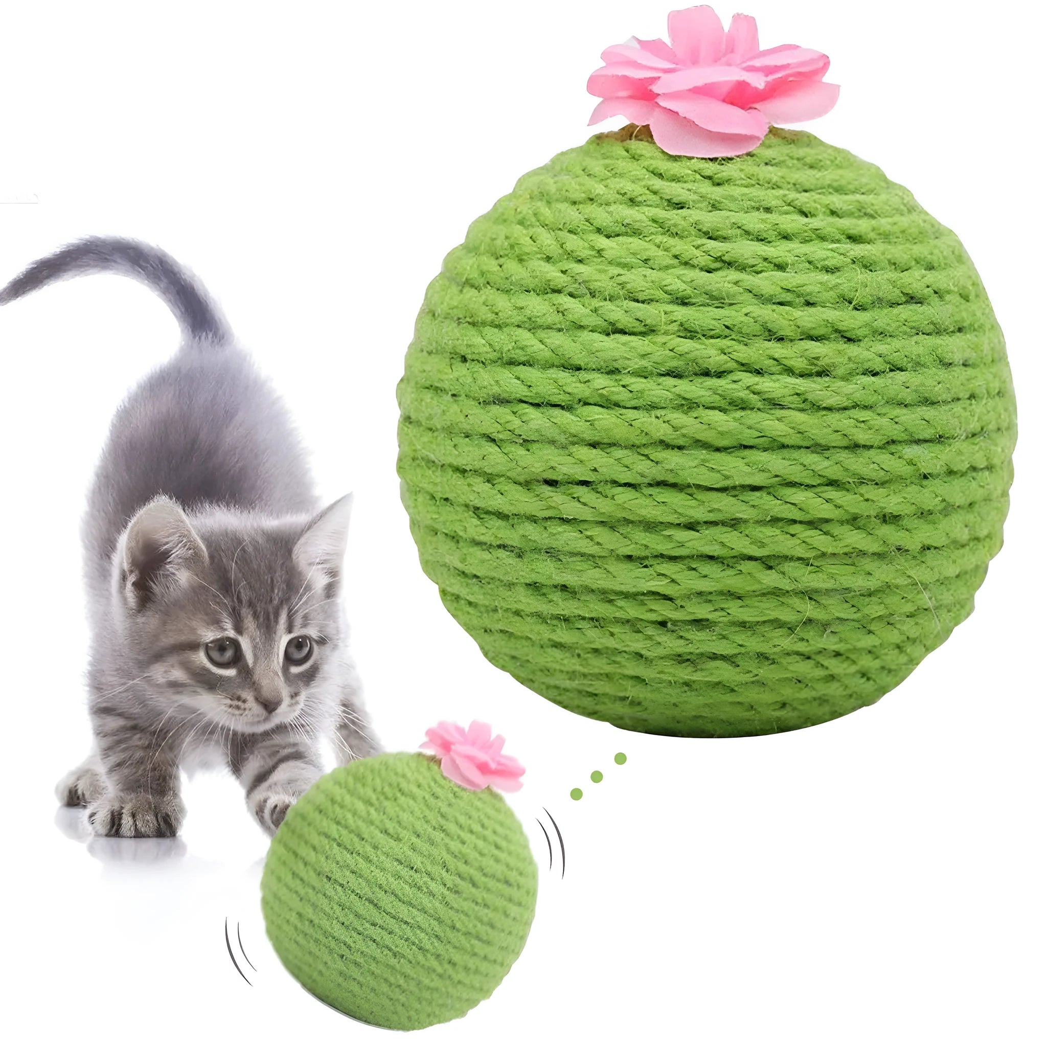 Green cactus-shaped cat scratcher with sisal fibres and attached tumbler ball for indoor play