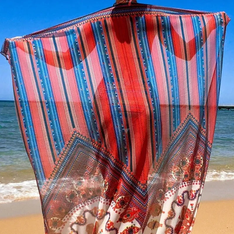 Women's three-piece polyester swimsuit set with a cutout blouse, high-waist briefs, and a coat in picture colour.